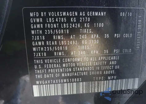 2011 Volkswagen Tiguan Sel z USA, uszkodzony, nr VIN WVGAV7AX5BW510883